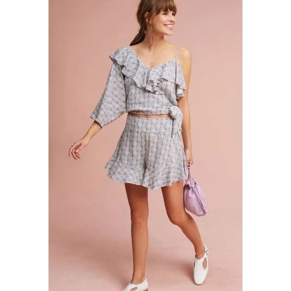 Maeve Anthropologie Pineapple Print One Shoulder Ruffle Top Womens Small Blue